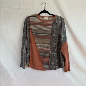 Sugarfox A California Company Multicolor Mixed Pattern Patchwork Long Sleeve T